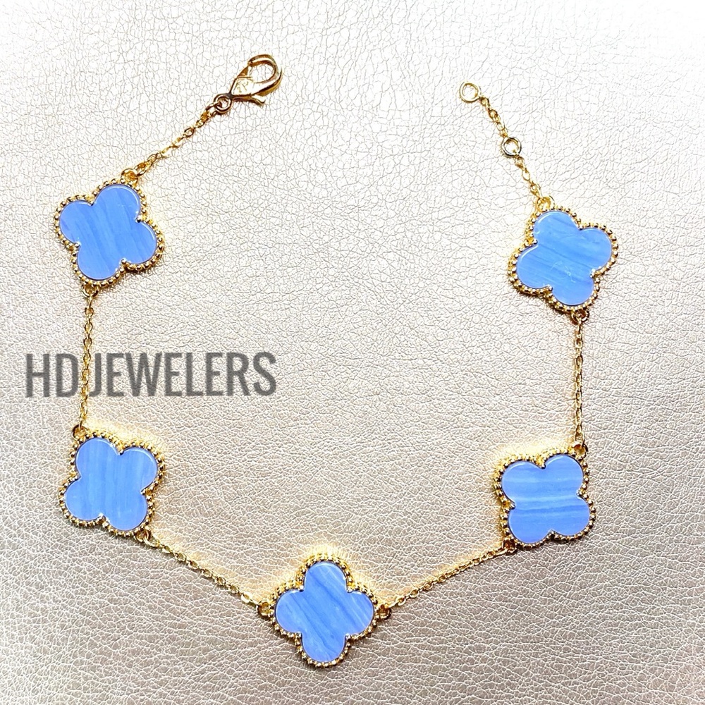 5 Vintage Purple Lavender Chalcedony Motifs Leaf Clover Flower Gold Bracelet